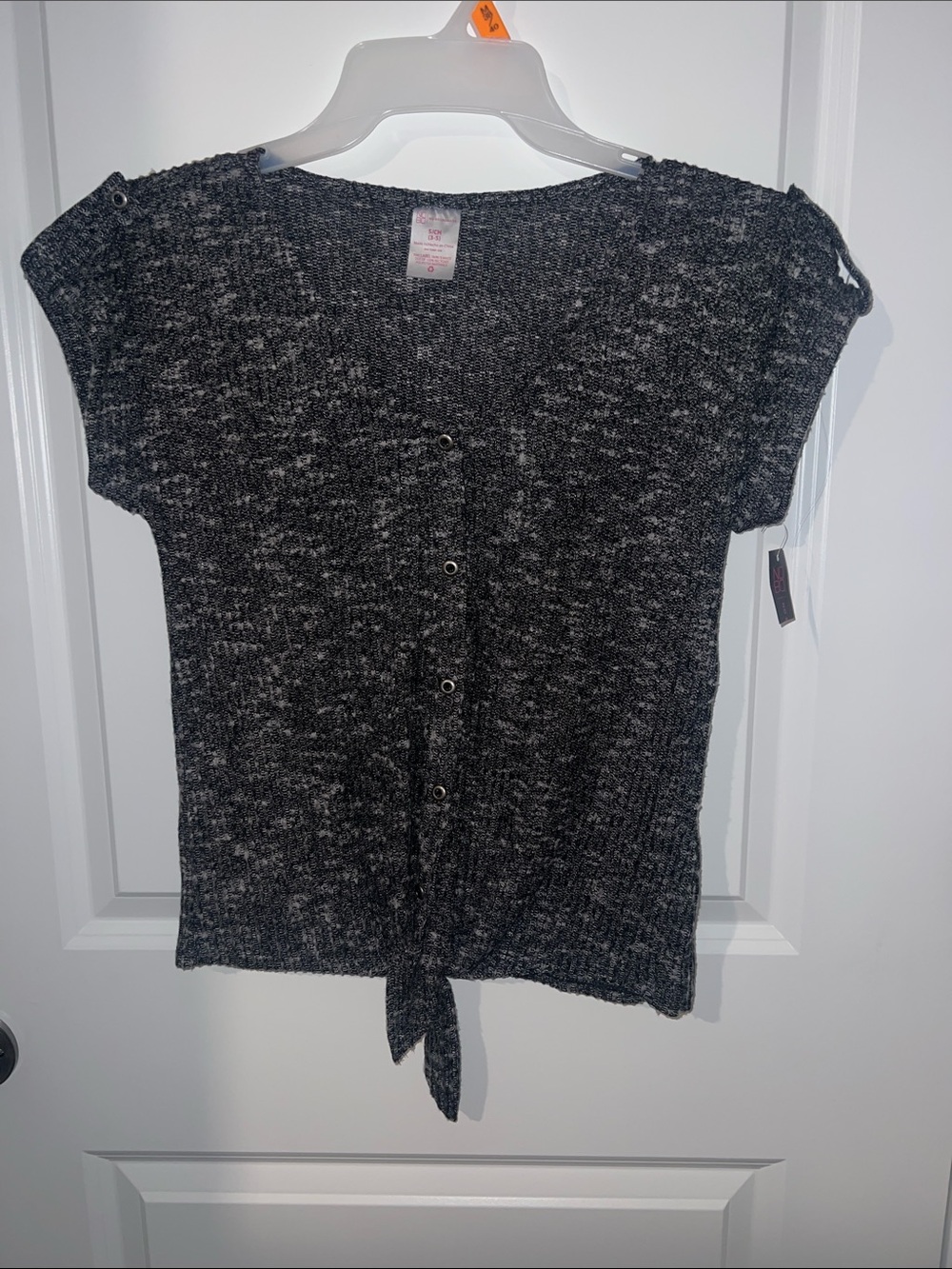 NOBO Charcoal Knit Button-Front Short Sleeve Top with Tie